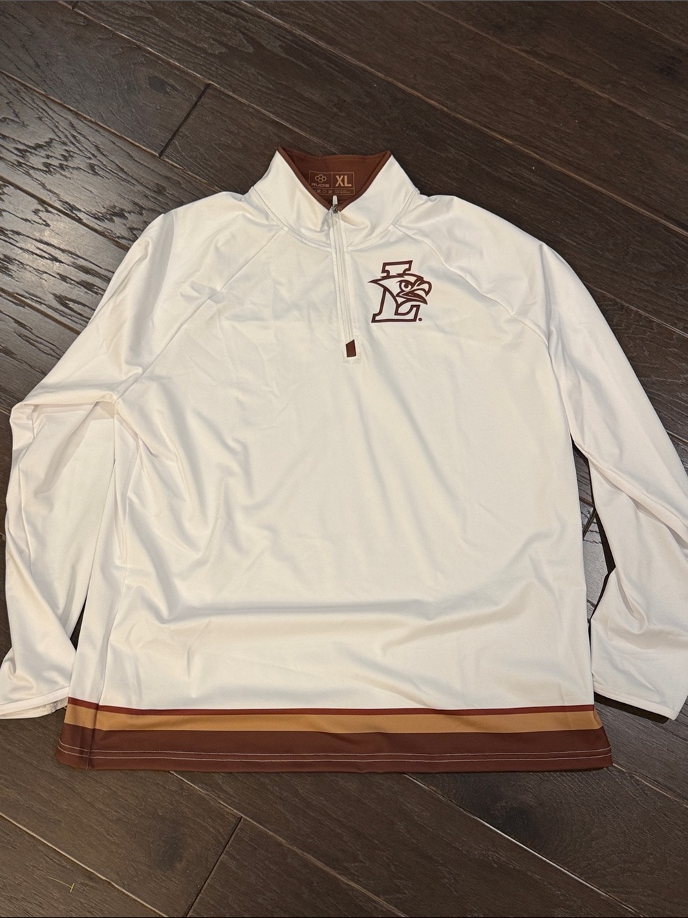 White Long Sleeve Pullover with Brown and Tan Striped Hem